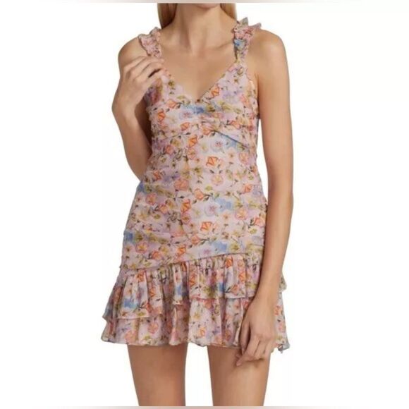 LOVESHACKFANCY Desra Ruffled Floral-Print Crepon Mini Dress Size 10 - Picture 1 of 6